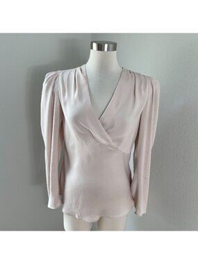 Express Womens Small Cream Blouse Long Puff Sleeves V Neck Satin Shirt Top